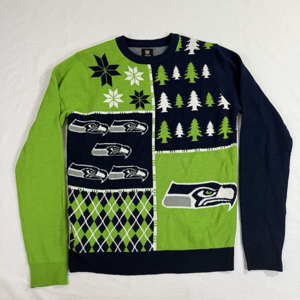 NFL Team Apparel Mens Sz L Seattle Seahawks Lime Green Blue Christmas Sweater